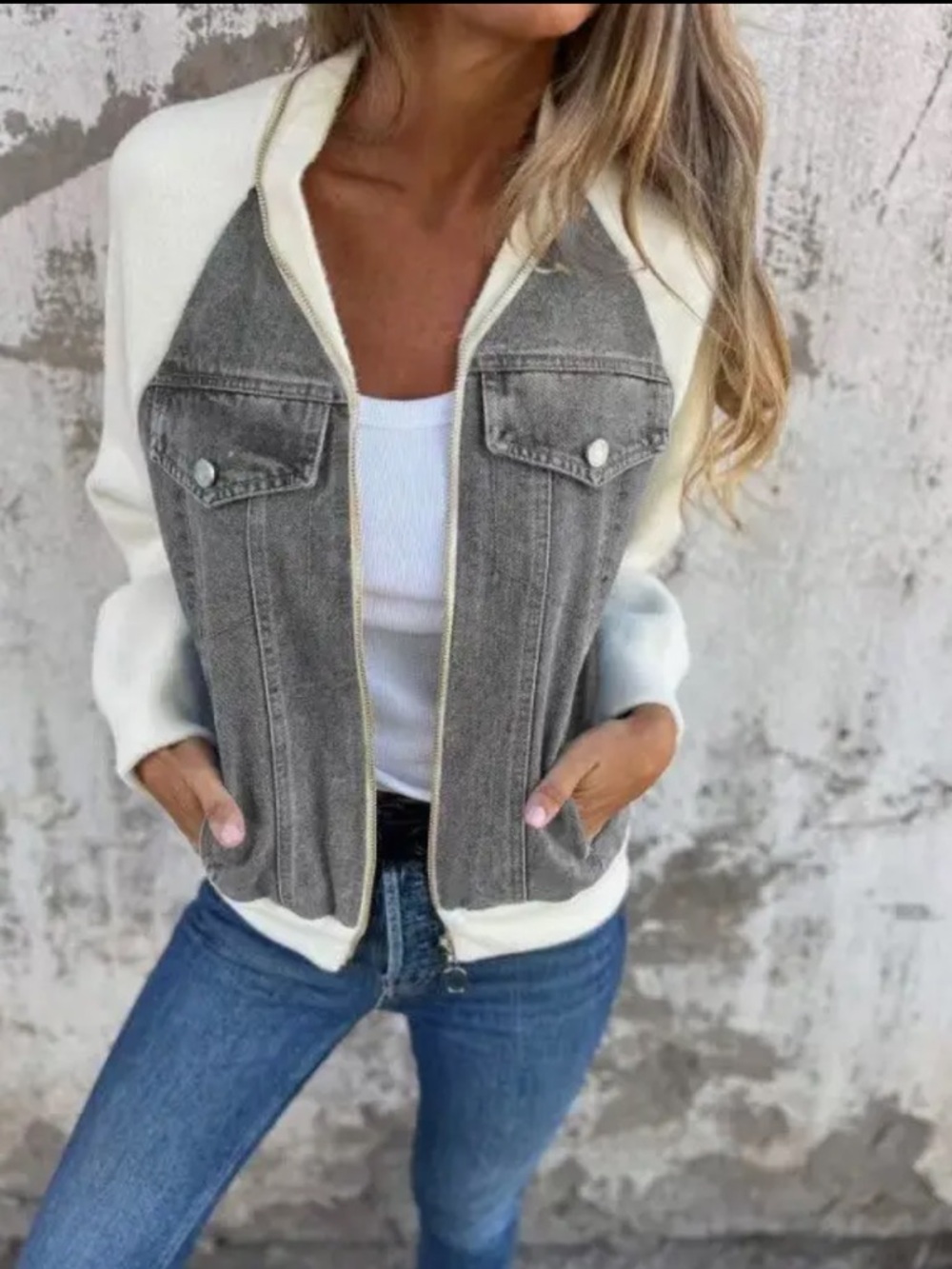 ShopEvelynne Cream-Sleeve Jacket with Gray Denim Front